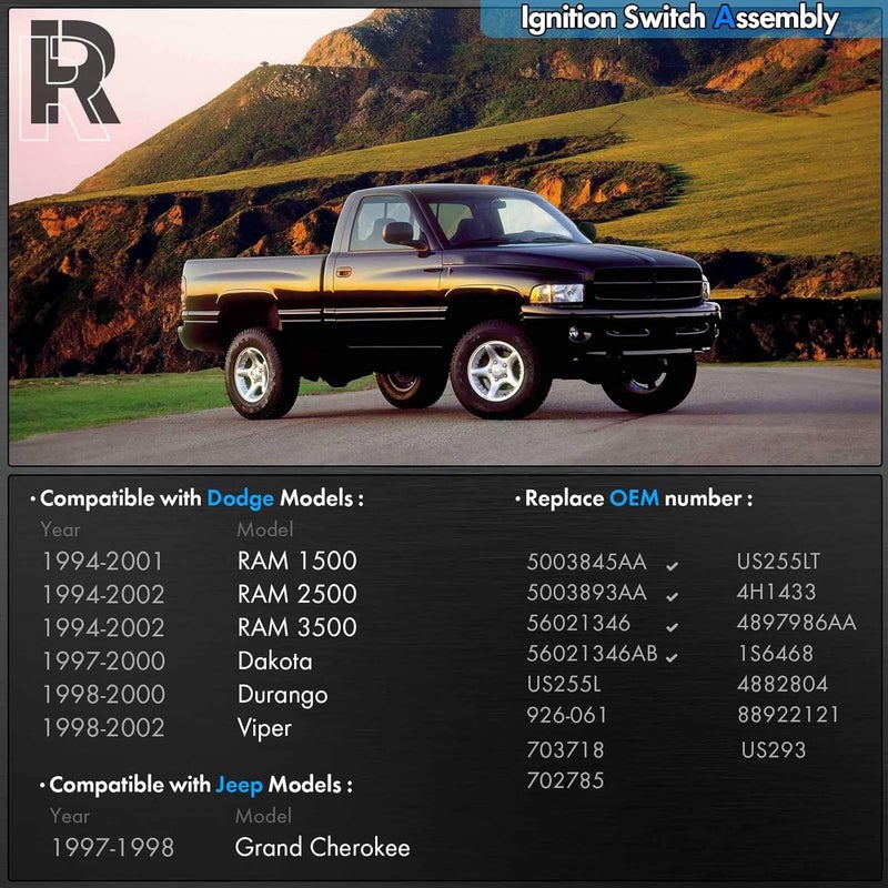 RHAOCZIYAUTO Ignition Switch Lock Cylinder & Housing & 2 Door Lock & 2 Key Fit for Dodge Ram 1500 2500 3500 94-02 Dakota Durango Viper 97-00 for Jeep Grand Cherokee 97-98 Replace # 5003845AA 56021346AB 5003893AA - Image 2